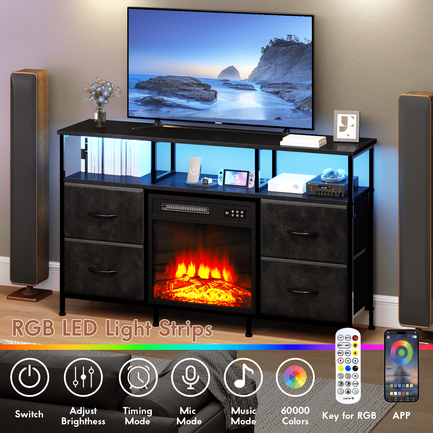 Waleaf Fireplace TV Stand with Fireplace, 49" Entertainment Center up to 55 inch TV,Dresser for Bedroom, Living Room with Power Outlets & LED Lights