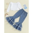 thumbnail image 4 of Wassery Kids Girls Fall Outfits Clothes 4T 5T 6T 7T Child Girls Solid Color Ribbed Boat Neck Long Sleeve T-Shirts Tops Flare Jeans Denim Pants 2Pcs Little Girl Autumn Clothing Set, 4 of 9