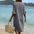 thumbnail image 5 of Smsaxvxz Women's Summer Dresses Fashion Solid Button V-neck Ruffle Short Sleeve Casual Loose Beach Vacation Midi Dress Gray L, 5 of 9