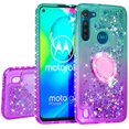 thumbnail image 2 of Phone Cover Compatible for Moto G8 Power Lite Case Liquid Floating Quicksand with Diamond Ring Stand for Magnetic Car Mount and Lanyard - Purple on Teal, 2 of 5