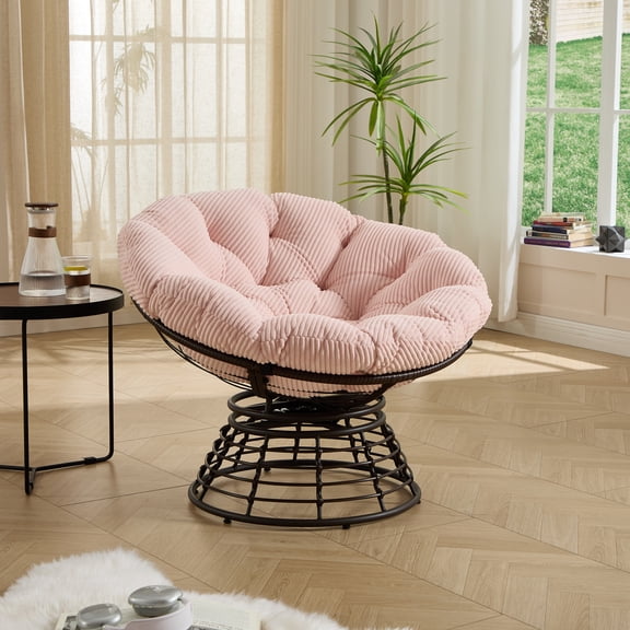 360 Swivel Wicker Papasan Chair Indoor Outdoor Rattan Chair Thick Cushion Pink