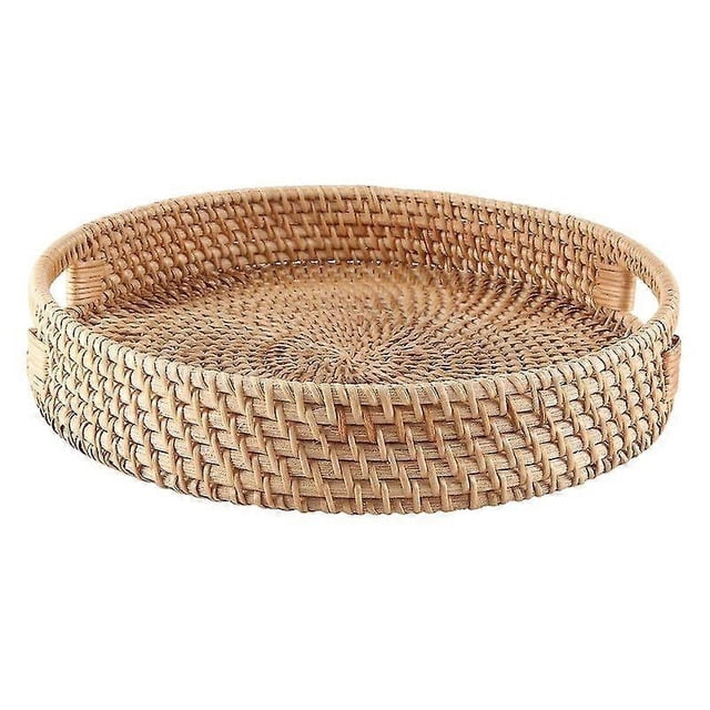 Bandeja redonda de ratán decorativa tejida para otomanas con asas para mesa de centro, color natural y pequeño.