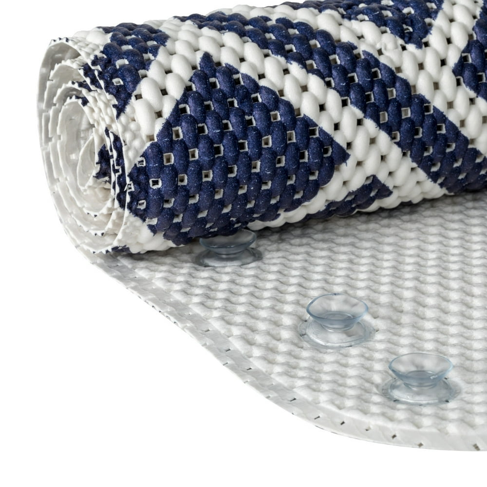 Mainstays 17 in. x 36 in. Cushioned Bathtub Mat, Navy Fretwork Pattern