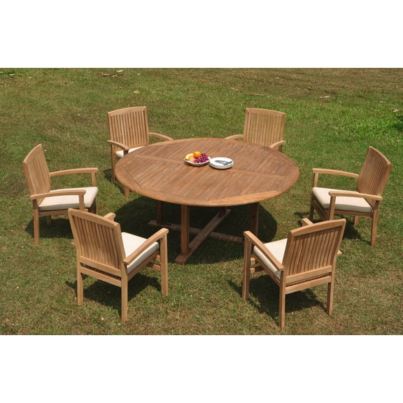 Grade-A Teak Dining Set: 6 Seater 7 Pc: 72" Round Table And 6 Wave Stacking Arm Chairs Outdoor Patio WholesaleTeak #WMWave41