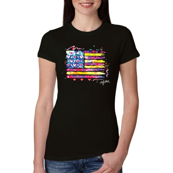 Wild Bobby, Colorful Neon Flag Hearts Love, Streetwear, Women Slim Fit Junior Tee, Black, Small