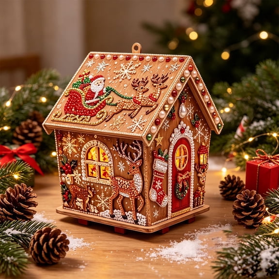 Clearance Gunhay 3D Wooden House Christmas Pearl Diamond Art Kit, DIY Diamond Rhinestones Painting Kits, Christmas Diamond Art Painting Set for Adults, Handmade Home Decoration Gift, Style A