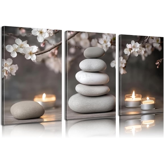 3 Piece Zen Canvas Wall Art Stacked Stones Cherry Blossom Candle Spa Wall Decor Minimalist Neutral Calming Art for Bathroom Bedroom Yoga Room Office Living Room 12x16in Wrapped Canvas