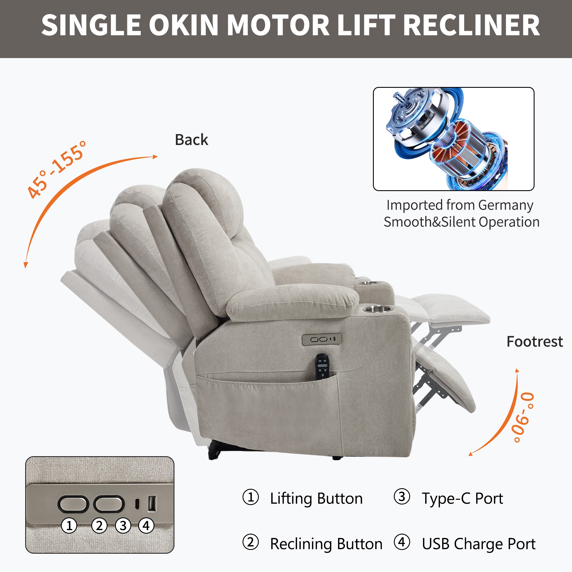 Chenille Power Lift Recliner Chair for Seniors, Heavy Duty 350 lbs Capacity with 8-Point Massage & Lumbar Heat, USB Type-A/C Ports, Stainless Steel Cup Holders, Living Room Comfort