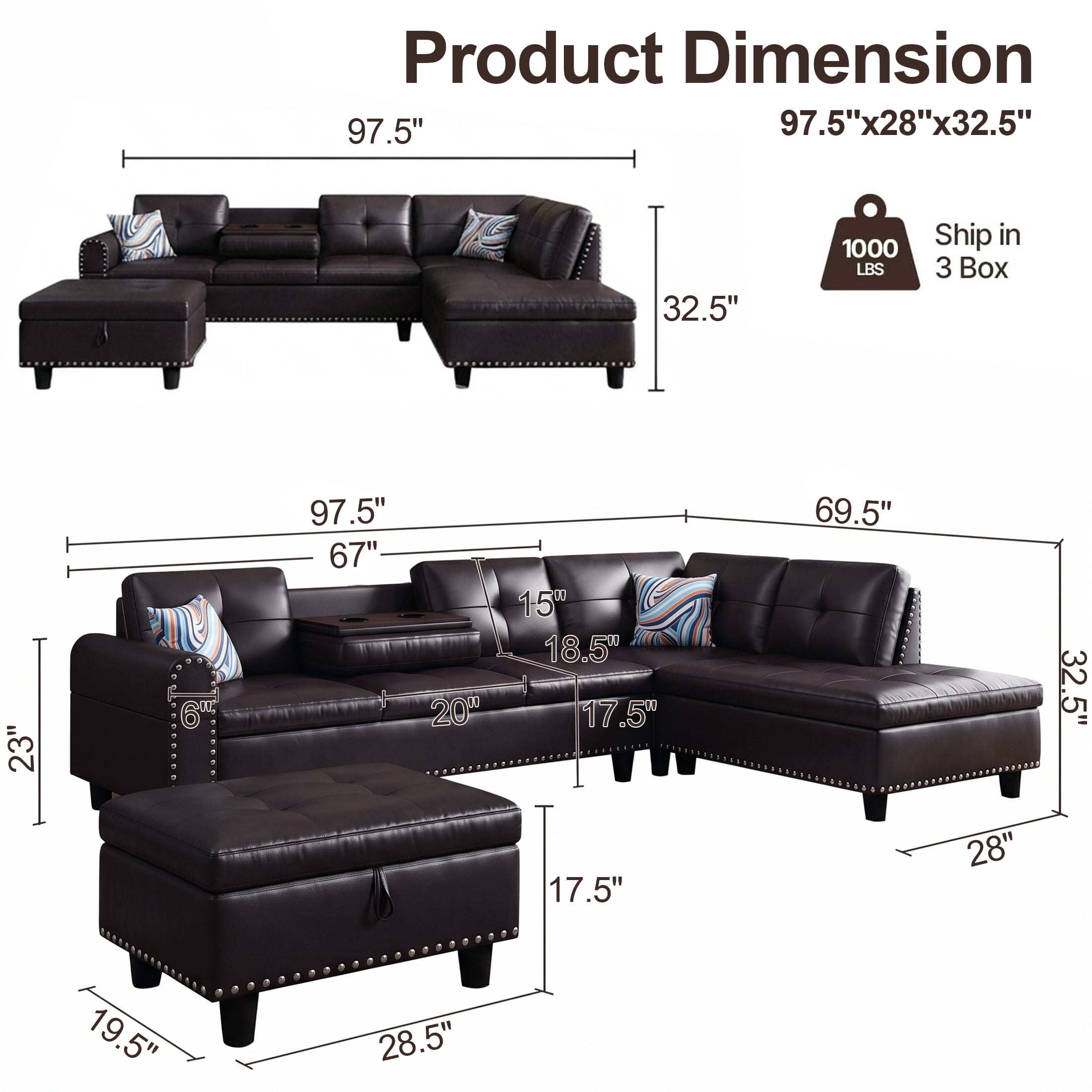 AENKYO 98" L-Shaped Sectional Sofa with Reversible Chaise, Storage Ottoman & Cup Holders, Faux Leather, Brown