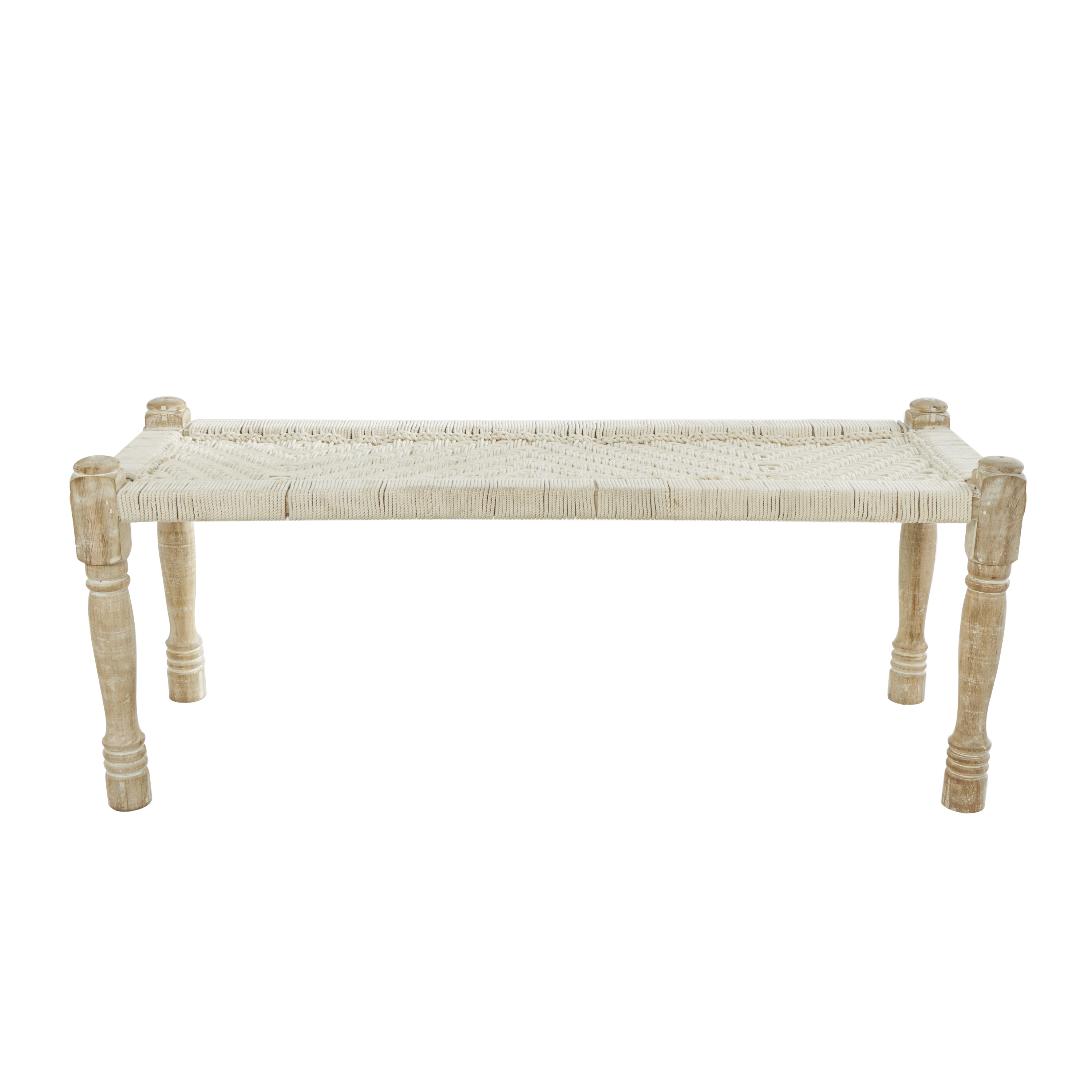 DecMode Cotton Handmade Woven Chevron Patterned Bench with Light Brown Mango Wood Legs, Beige