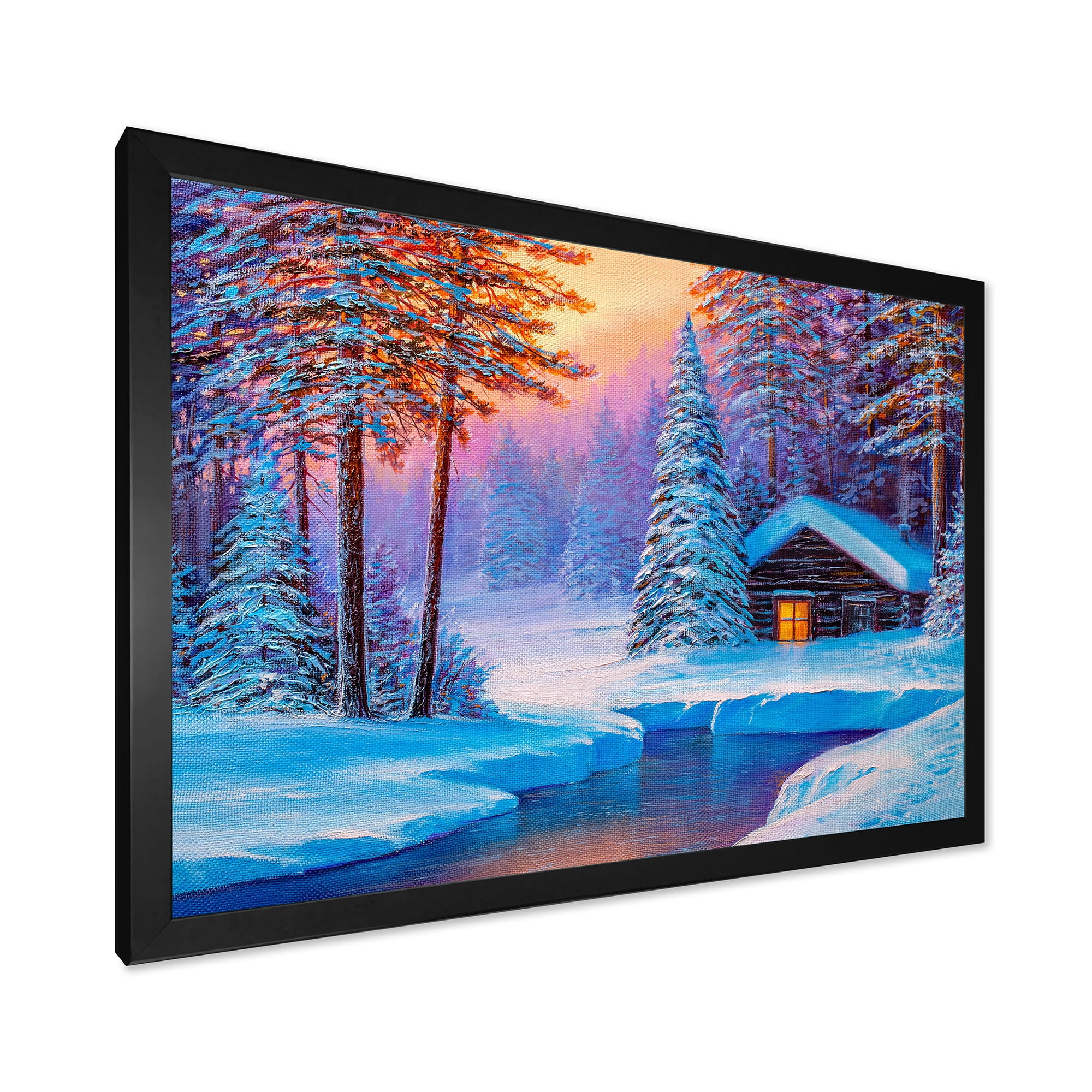 Designart 'Old Cabin In Winter Forest In Evening Glow I' Traditional Framed Art Print