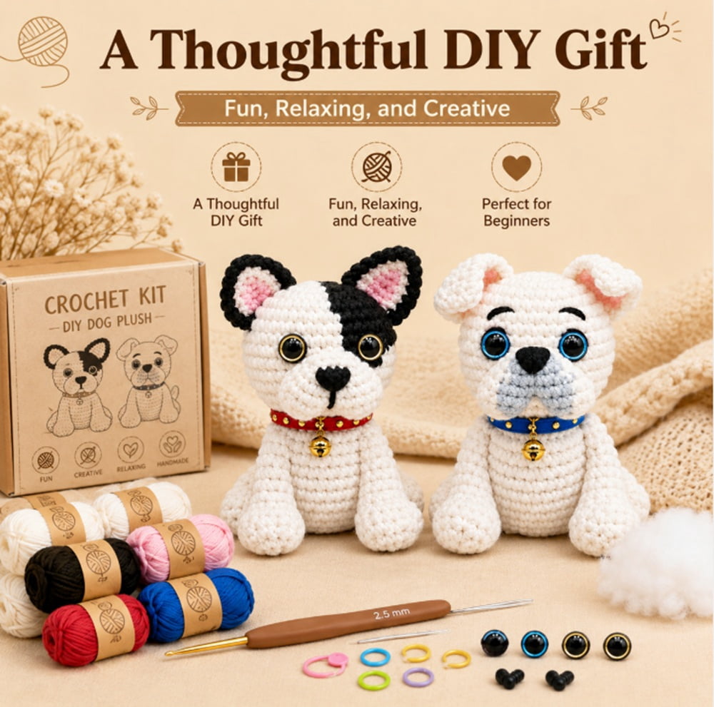 2 Pack French Bulldog Crochet Kit for Beginners, Dog Amigurumi Starter Set with Step by Step Video Tutorials, TIKA