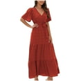 thumbnail image 2 of LOVZFMLL Robe Bohème d'Été pour Femme à Manches Courtes, Col, Taille Haute, Longue, Rouge Melon D\'eau, L, 2 of 4