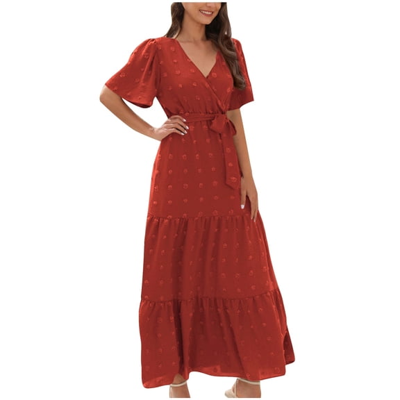 Diufon Women's Maxi Dresses V Neck Puff Short Sleeve Dress Solid Color Lace-Up Waist Dress