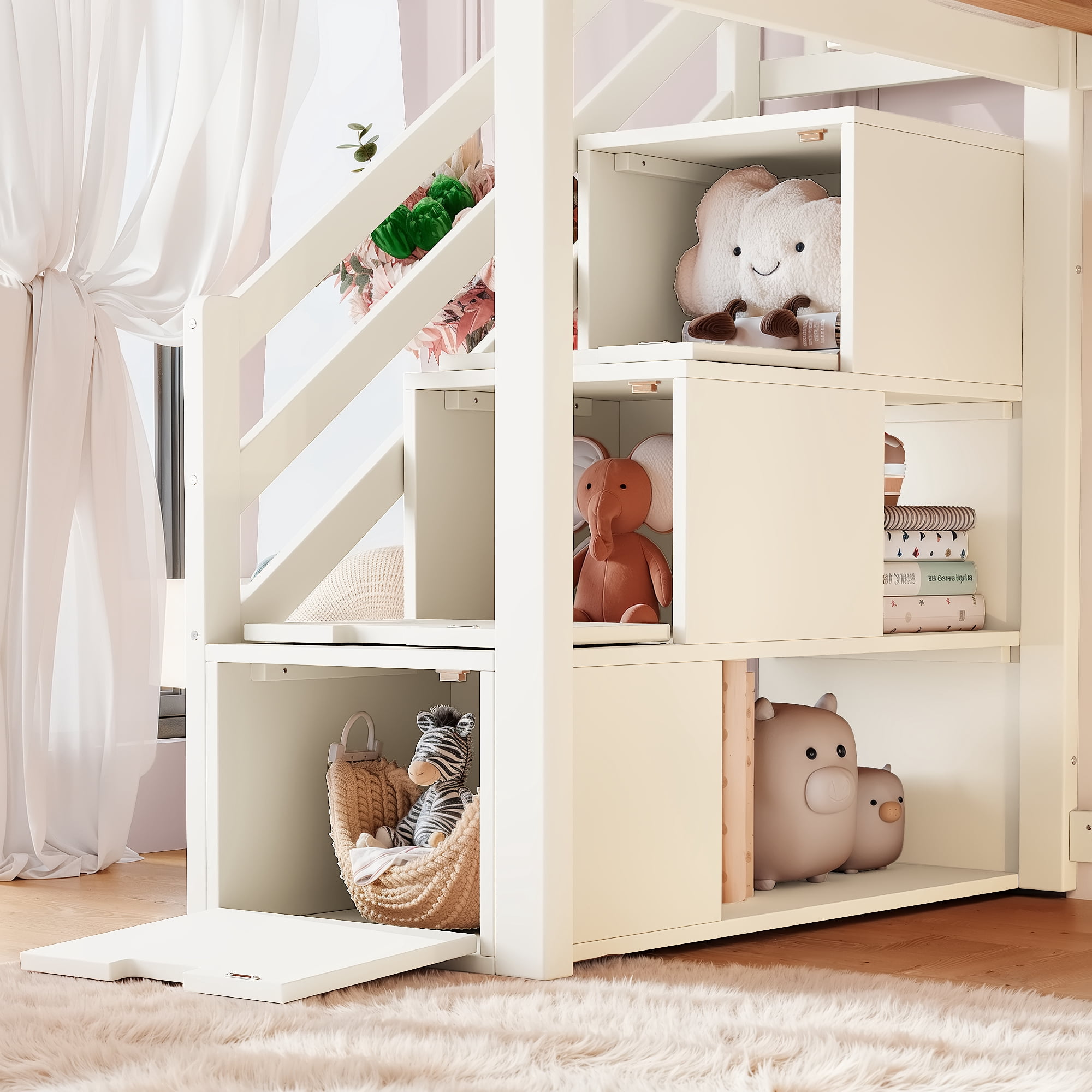 Leumius Twin Loft Bed with Storage Stairs, Slide & Built-in Wardrobe, Stylish High Guardrail, Wood Loft Bed Frame for Bedroom,Dorms,Guests Beige