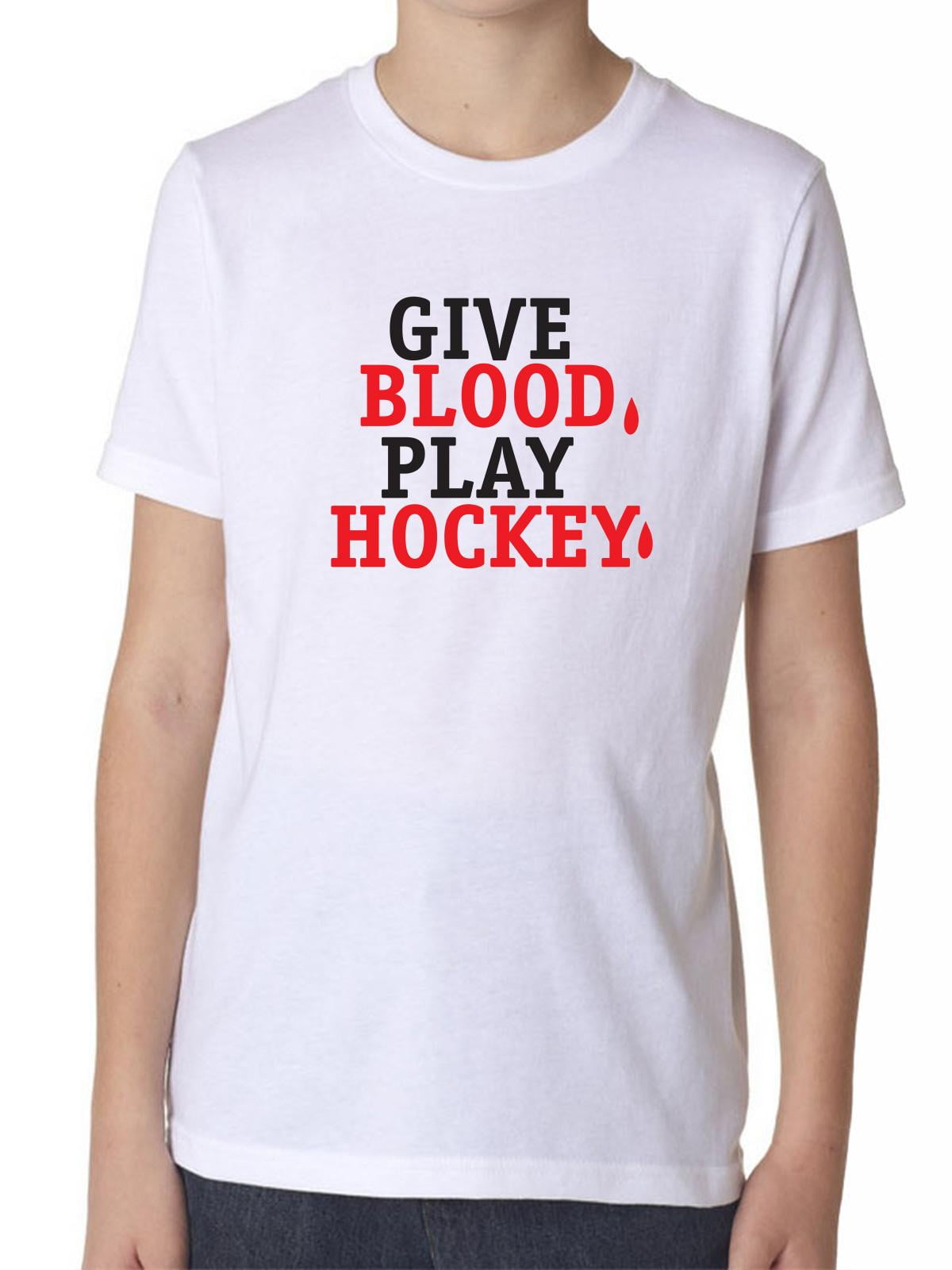 Give Blood, Play Hockey Sport Inspired Text Boy's Cotton Youth T-Shirt by Hollywood Thread