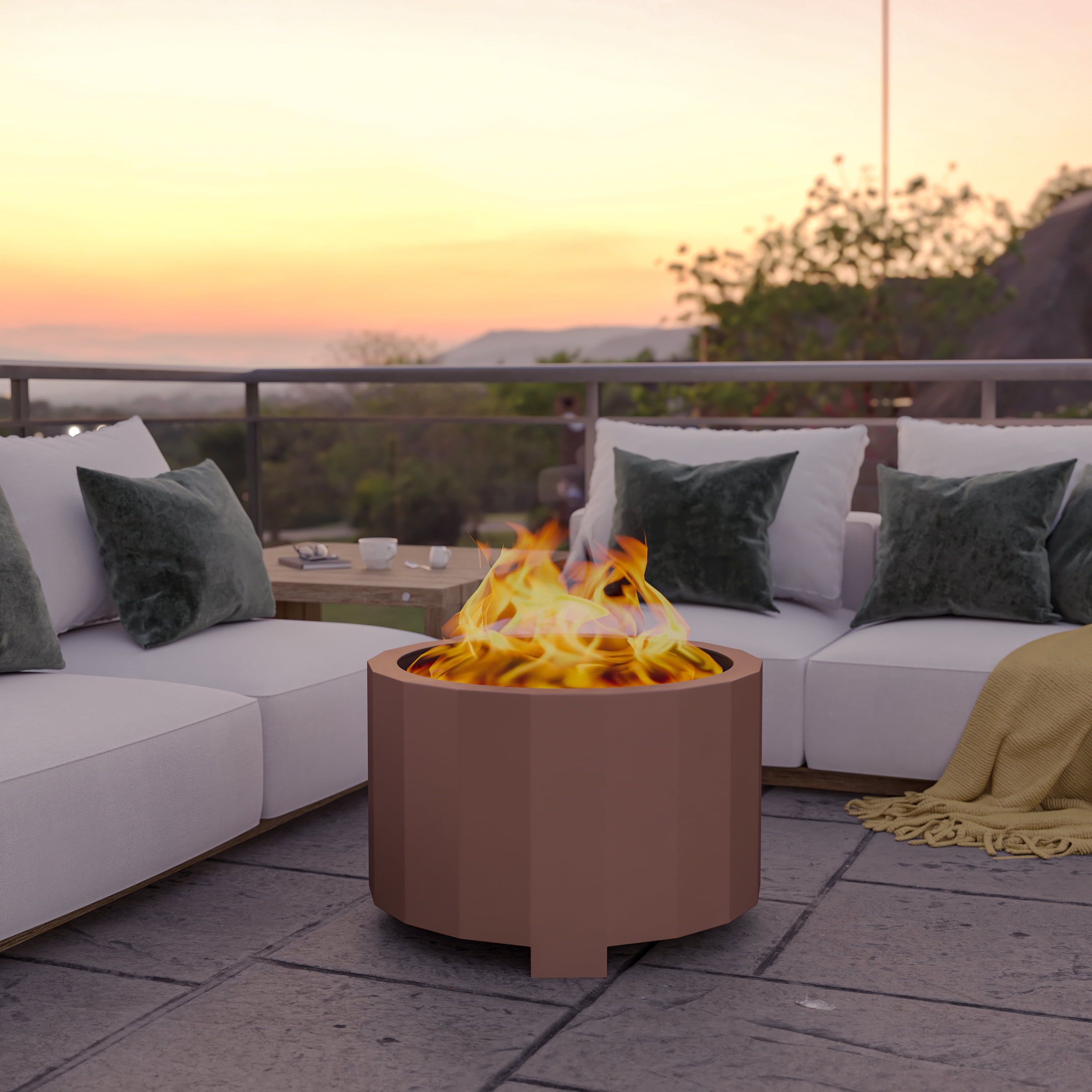 BizChair Commercial Grade 27 inch Smokeless Outdoor Firepit, Natural Wood Burning Portable Fire Pit With Waterproof Cover, Bronze