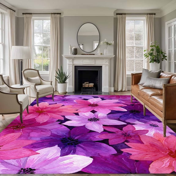 Watercolor Flowers Area Rugs 5'x7', Washable Small Throw Rugs for Laundry Room Playroom, Spring Floral Country Pink Purple Indoor Outdoor Rug Non-Slip Low Pile Carpet Runner Reversible Floor Mats