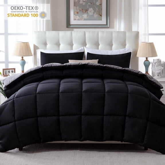 Yalamila Queen Size Comforter Set 3-Piece All-Season Down Alternative Reversible Comforter Set,Black/Grey,200GSM Cooling Quilted Duvet Insert,95 GSM Soft Cover Bed in a Bag