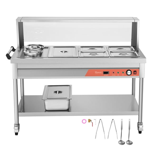 KFFKFF Professional Food Heating Unit, Electric Steam Table with 5 Trays   2 Sauce Pots, 1800W Catering Grade Food Heating System with Protective Shield, Undershelf Wheels, and Stainless Steel Body