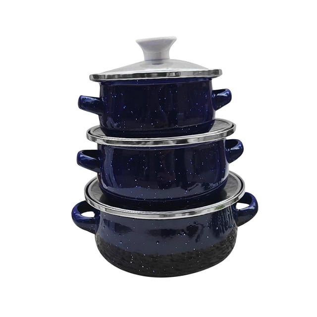 Youkk 3Pcs Enamel Mini Pot Set Universal Set Enamel Cooking Portable red Home Cookware dark blue
