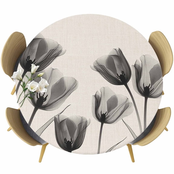 Vintage Tulip Table Cloth, Round Fitted Tablecloths with Elastic Edge, Black Grey Beige Bloom Flower Floral Wipeable Waterproof Table Cover for Kitchen Wedding 55-60 Inches
