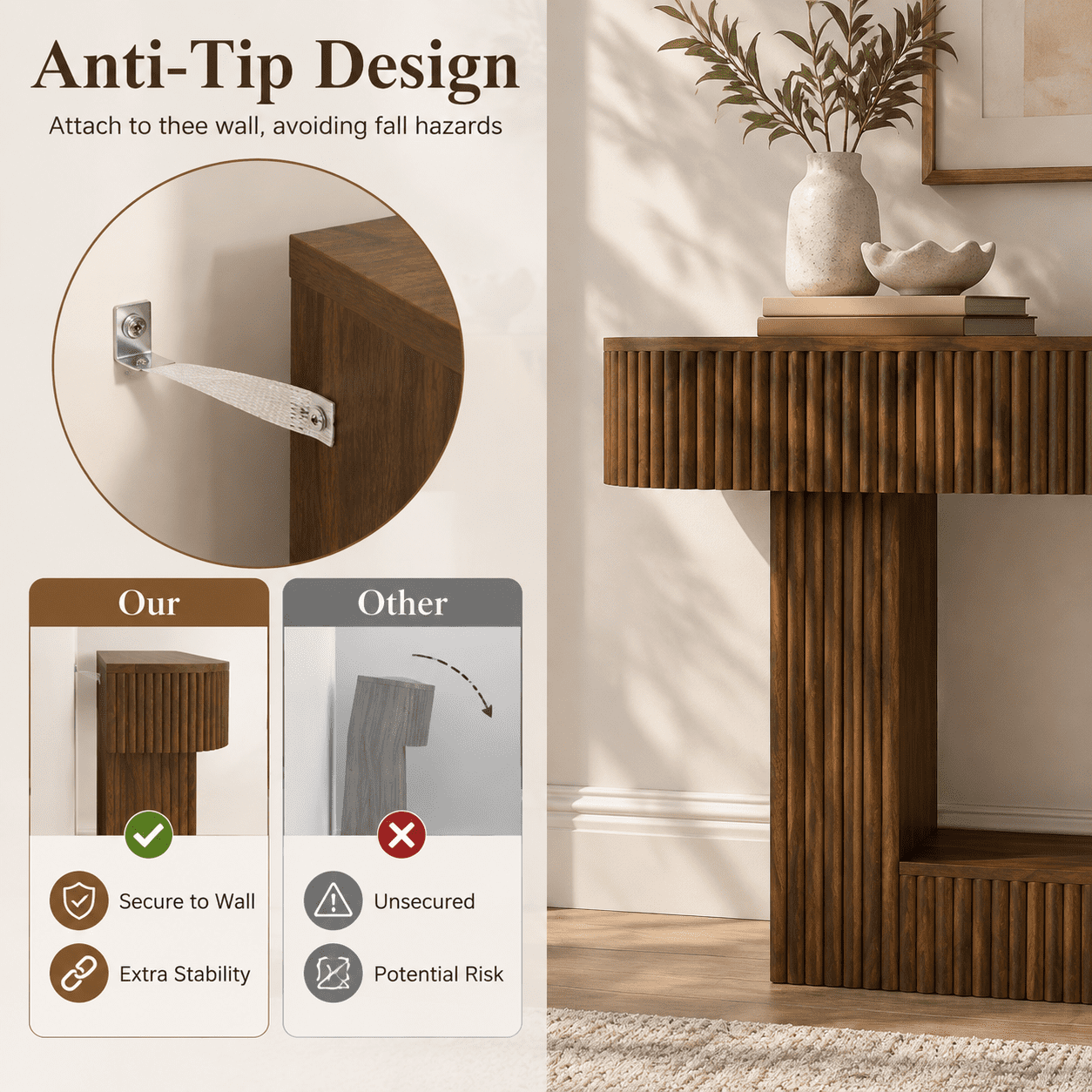 PORKISS 62.9" Console Table with Open Storage, Narrow Long Entryway Table with Rounded Edges, Fluted Sofa Table for Living Room, Hallway, Foyer, Behind Couch, Brown B