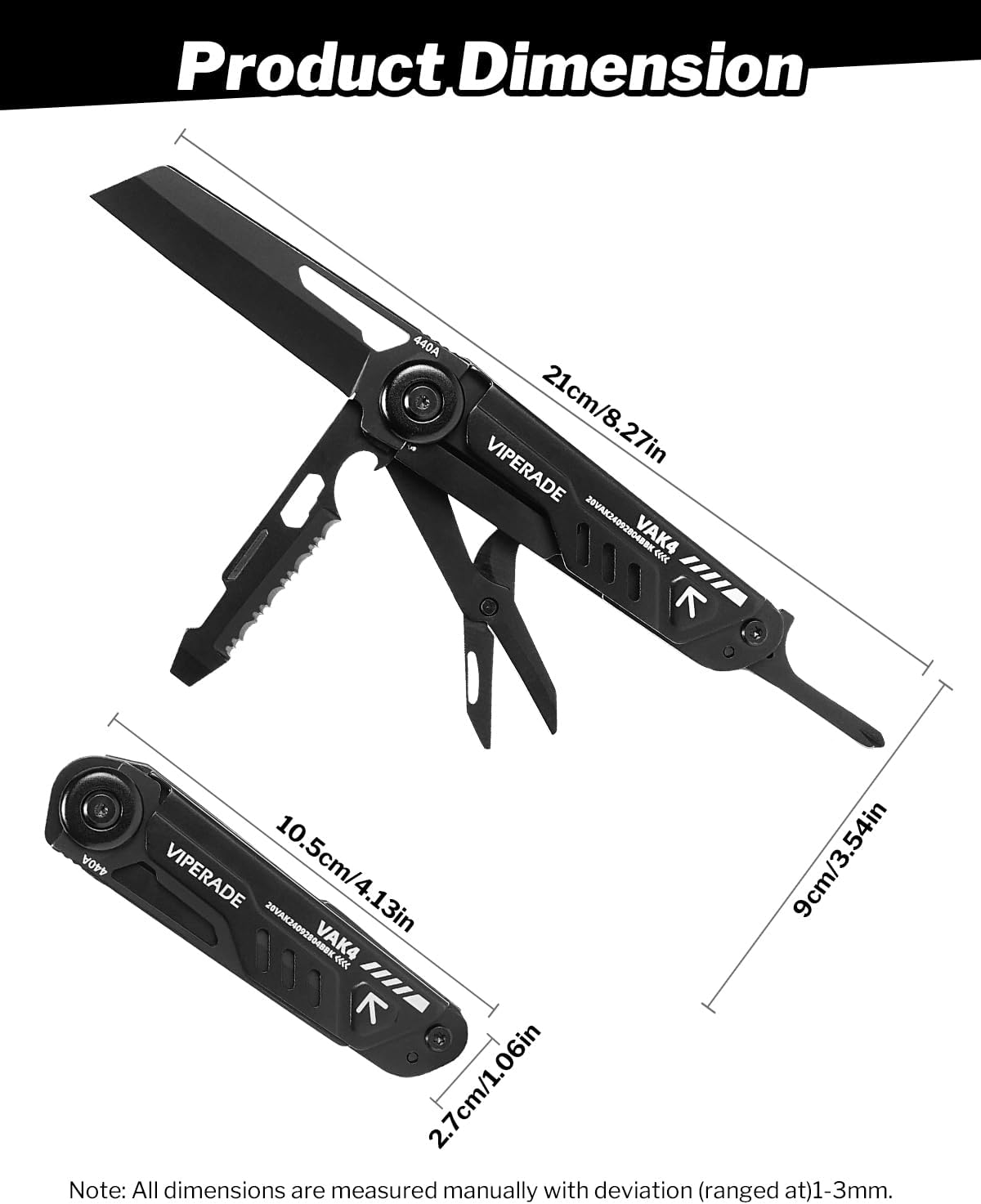 VIPERADE VAK4 Multitool Pocket Knife for Men, Multifunctional 21-in-1 Multitool Pocket Knife with Pouch, Outdoor Camping Survival and Everyday Use (K4-Black)