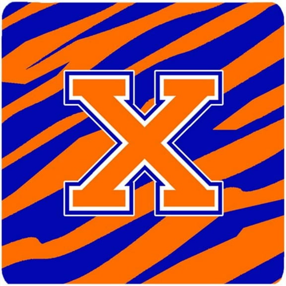 Monogram - Tiger Stripe - Blue Orange Foam Coasters, Initial Letter x - Set 4, 3.5 x 3.5 In.