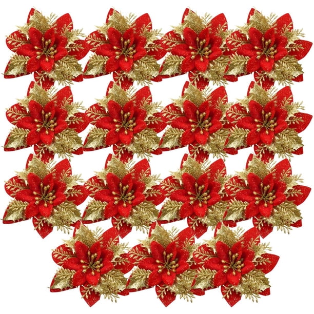15 Piezas de Flores Artificiales de Decoración Navideña de Poinsettia de Navidad, Adornos Decorativos para Árbol de Navidad para Corona de Navidad, Corona de Navidad (Rojo) oso de fresa Electrónica