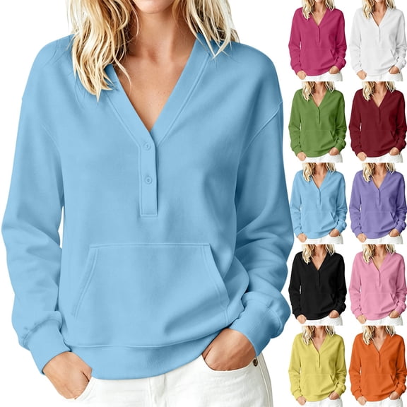 Smsaxvxz Sweatshirt for Women Casual Solid Henley V-Neck Long Sleeve Pullover with Kangaroo Pocket Blue 2XL