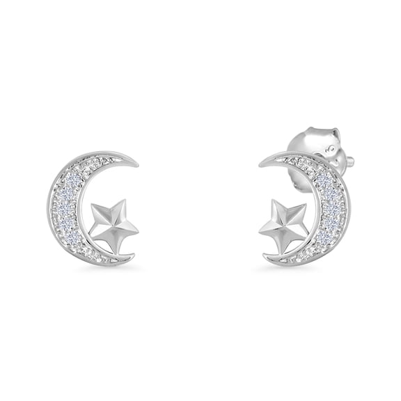 Moon & Star Stud Earrings CZ 925 Sterling Silver 9mm