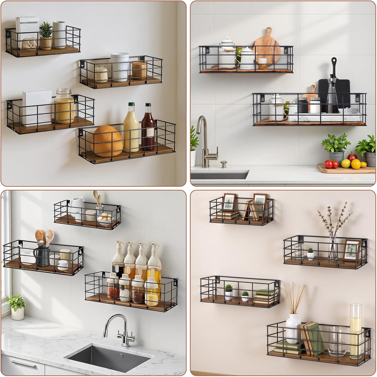 4 Sets of Hanging Floating Shelves, Metal Wire Storage Basket with Wood Bottoms, Hanging Storage Wall Shelf, Wall Mounted Shelves for Home Bathroom Living Room Bedroom Kitchen