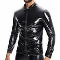 thumbnail image 2 of hotojiny Men’s Leather Shirts Sequin Slim Fit Stretch Top Trendy Long Sleeve Zip up PU Leather Coat for Club Party, 2 of 4