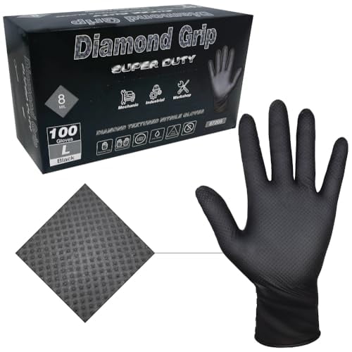 LAUCO Heavy Duty Industrial Black Nitrile Gloves with Raised Diamond Texture, 8-mil, Latex Free, Powder Free (1, Large (Pack of 100))