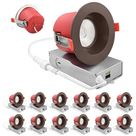 Luxrite 12-Pack 4 Inch LED Recessed Lights with J-Box, 5CCT 15W 1000 Lumens 60 Dimmable IC Rated Wet Rated ETL - Bronze Trim