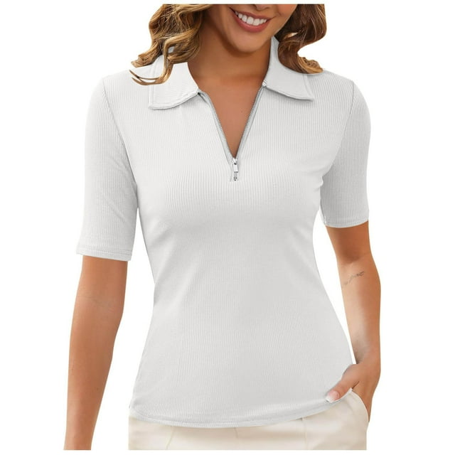 Lenpel Summer Tops for Women Short Sleeve Quarter Zip V Neck Collared Ribbed Knit Shirts Business Casual Tunic Blouses