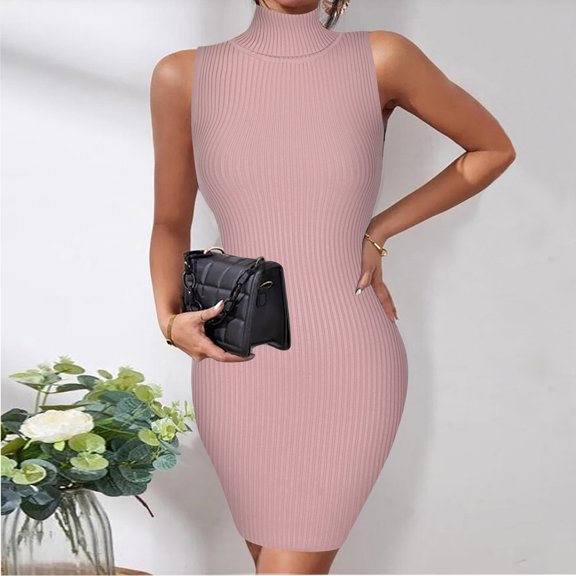 Lilgiuy Women's Casual Slim Fit Solid Color Turtleneck Sleeveless Hip Dress Fall Dresses for 2022 Spring Winter