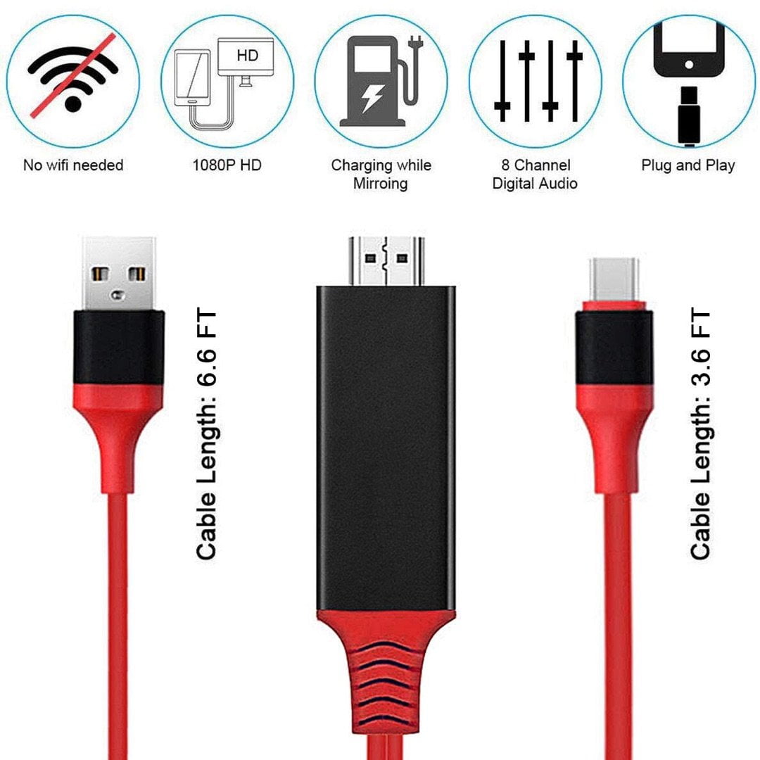 Sodavand Scene ler Hdmi Cable for Android Phone to TV, MQSHOP Type-C to HDMI Converter Cable  6.6 Feet 1080P HDTV Adapter for Samsung Galaxy(Red)-Not Applicable to Micro  USB - Walmart.com