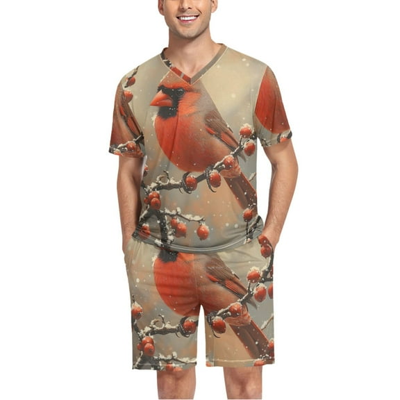 joogoo Men's Pajama Set Cardinal Winter V-Neck Pj Shorts Set 2 Piece Loungewear Sleepwear L