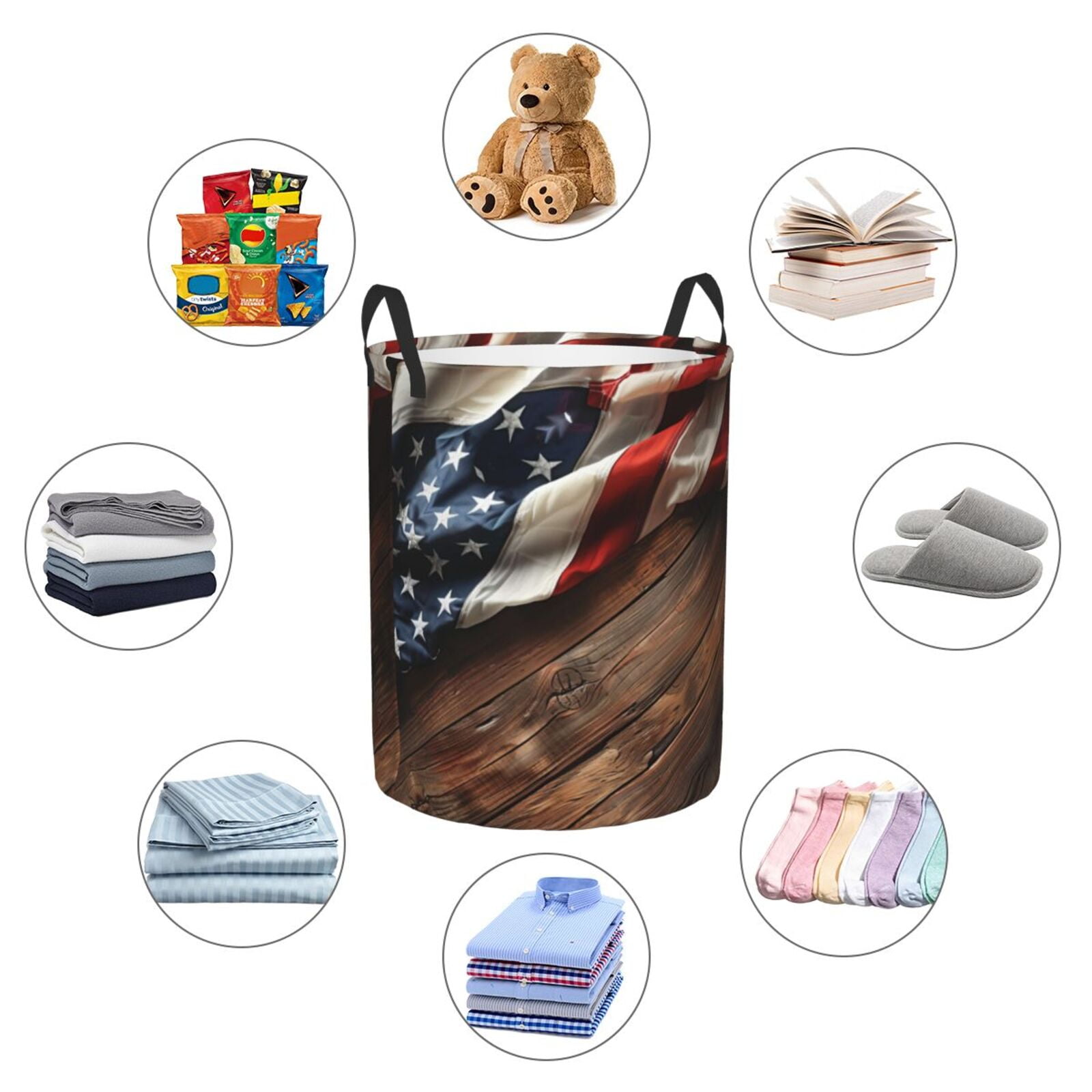 Large Laundry Basket with Handles - Rustic American Flag Wood Kids Baby Dirty Clothes Laundry Hamper for Bedroom Aesthetic