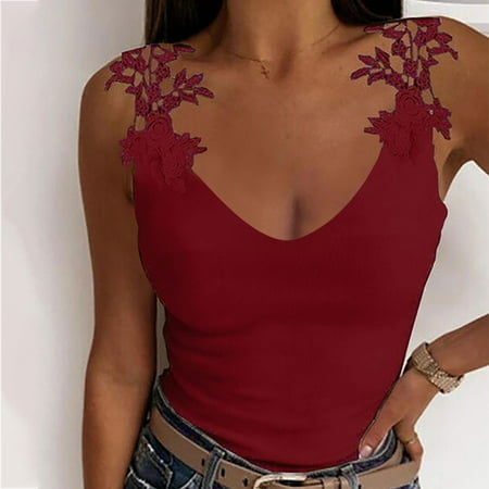

Hesxuno Fashion Sexy Womens V-Neck Patchwork Solid Lace Short Camis Tops Vest