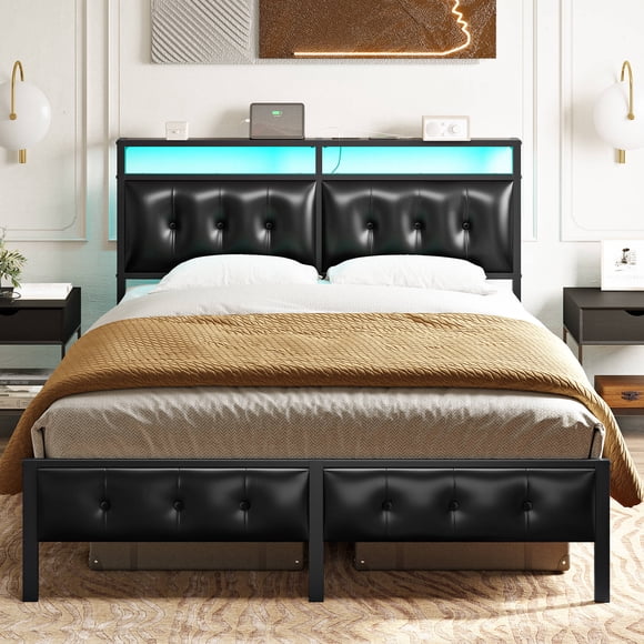 GUNAITO Queen Bed Frame with Storage Headboard Upholstered Platform Bed with LED Lights and Power Charging Station, Black