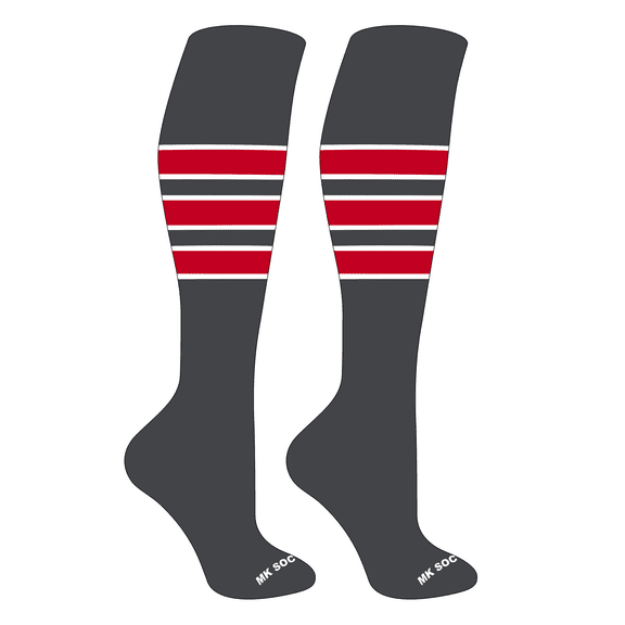 MK Socks Striped OTC Baseball, Softball, Football Socks (C) Granite, White, Red (S)