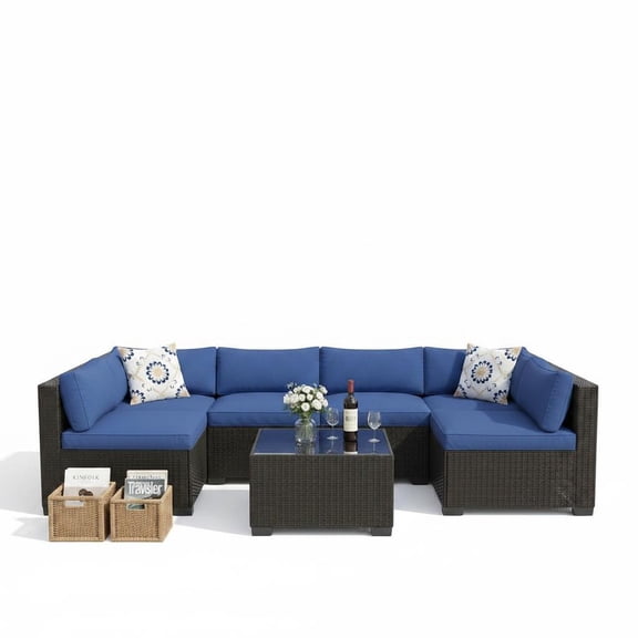 7-Piece Outdoor Patio Sectional Sofa Set All-Weather PE Rattan Wicker Thick Blue Cushions rattancushion black and blue