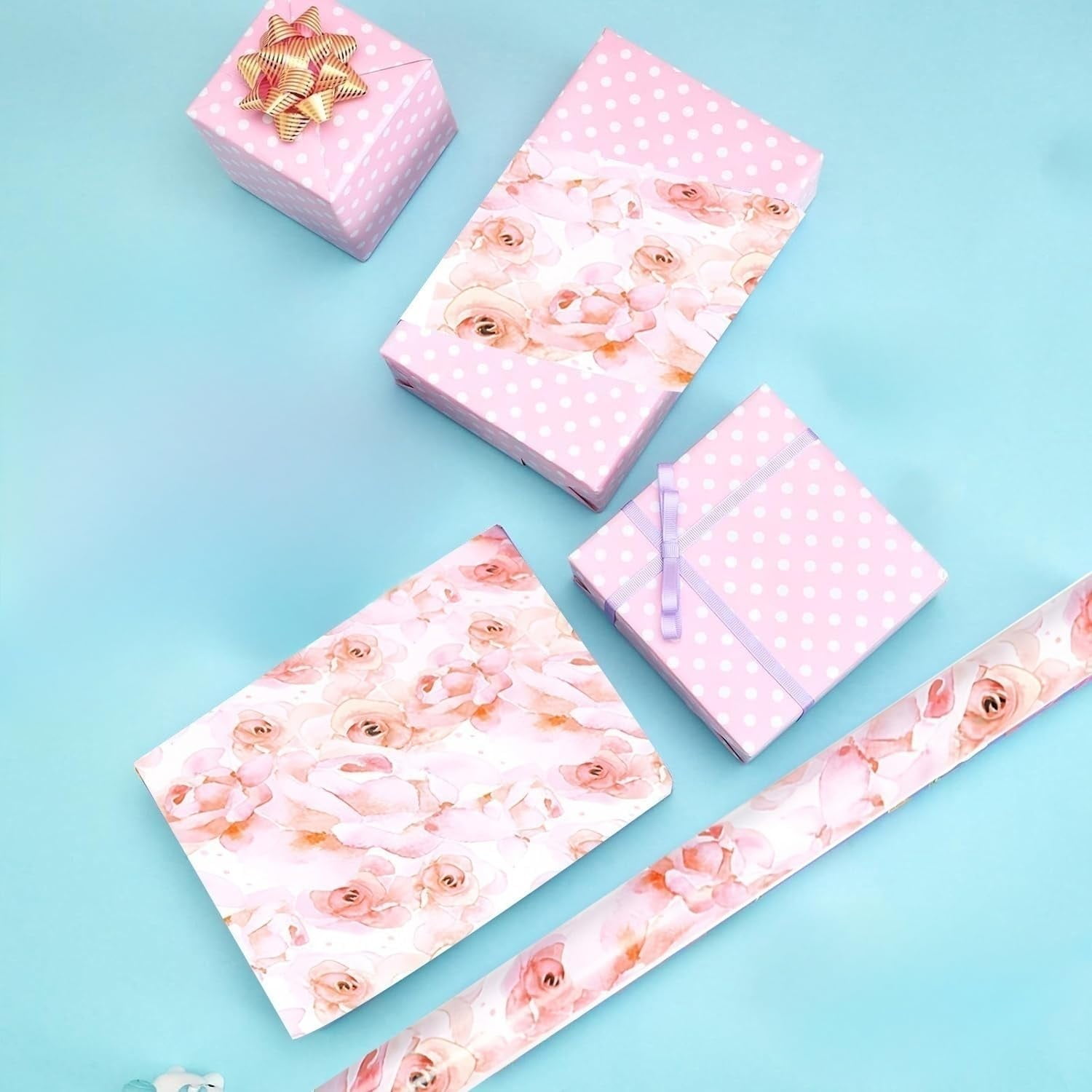 Floral Reversible Wrapping Paper Roll - 1 Roll 17’’ x 33 ft Happy Birthday Wrapping Paper Roll Kids Pink Floral Birthday Gift Wrap Roll Girls Wrapping Paper Polka Dot Design Weddings Bday Party Favor