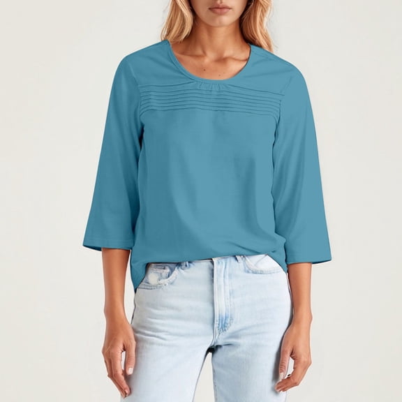 Women's Round Neck 3/4 Sleeve Pleated Front Tunic Blouse Dressy Casual Summer Top
