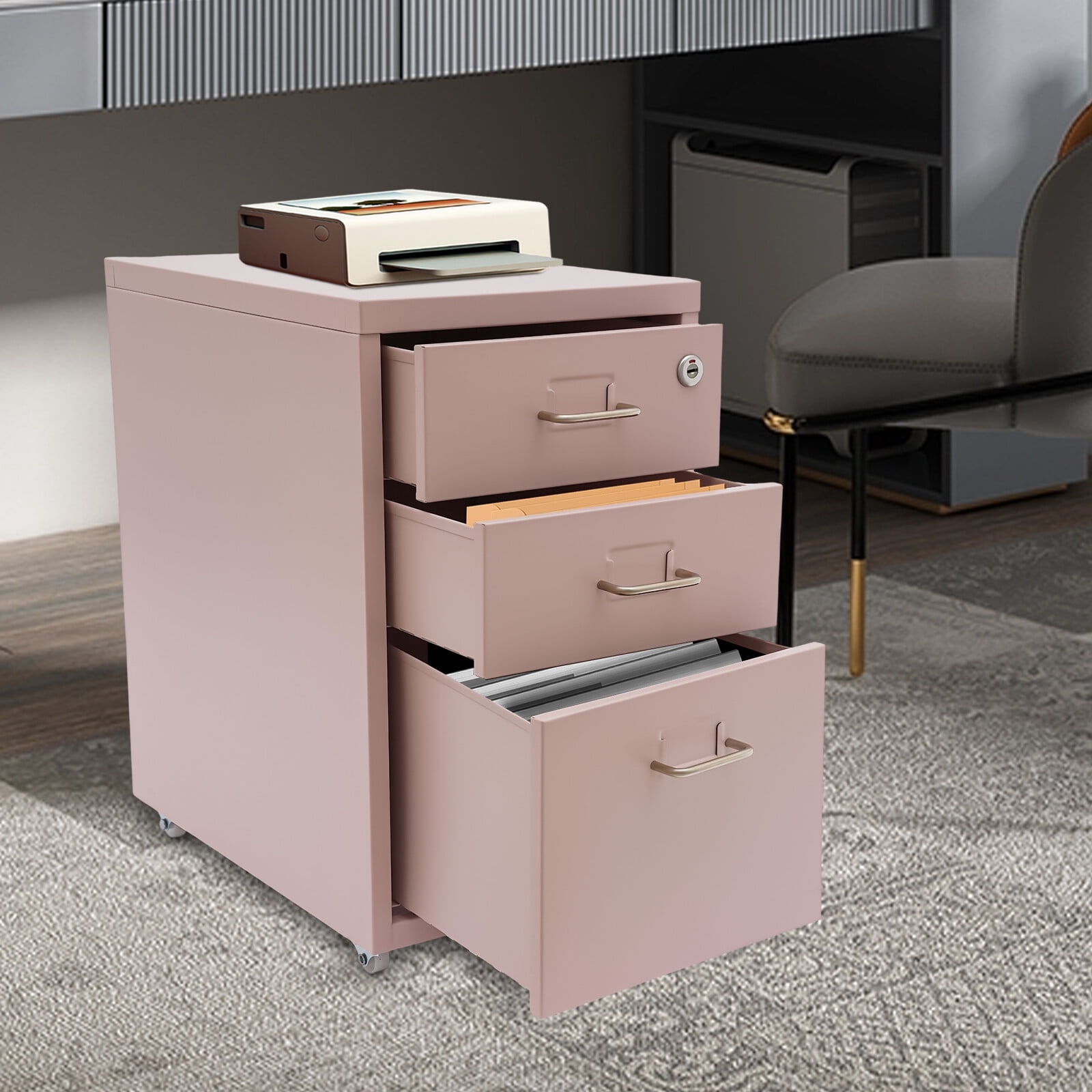 Miumaeov 3 Drawers Vertical File Cabinet Pink Locking Filing Storage Cabinet For Home Office