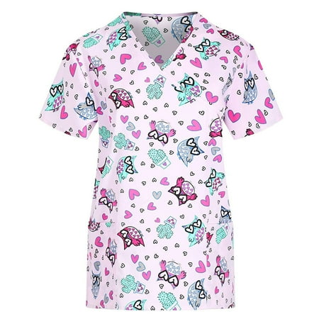 

Women Scrubs Top Nurses Clothing Working Uniform Top Care Workwear Short Sleeve V-Neck Tops With Pockets Top