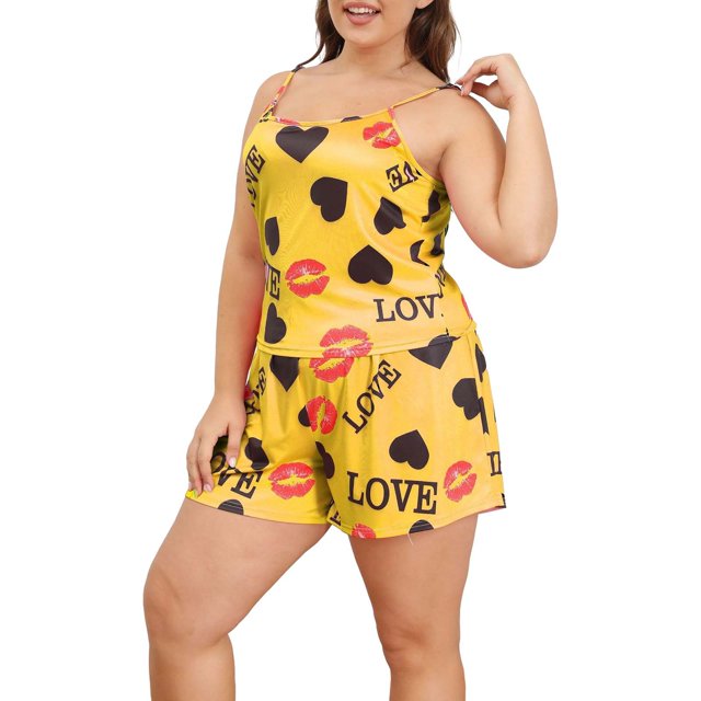 WTXUE Ensembles de Pyjama pour Femme / Ensembles de Pyjama Grande Taille Ensemble de Pyjamas Décontractés pour Femmes Plus Cœur & Imprimé Haut à Col Rond & Shorts à Taille Élastique Ensemble Deux Pièces / 2 Pcs Jaune TTG